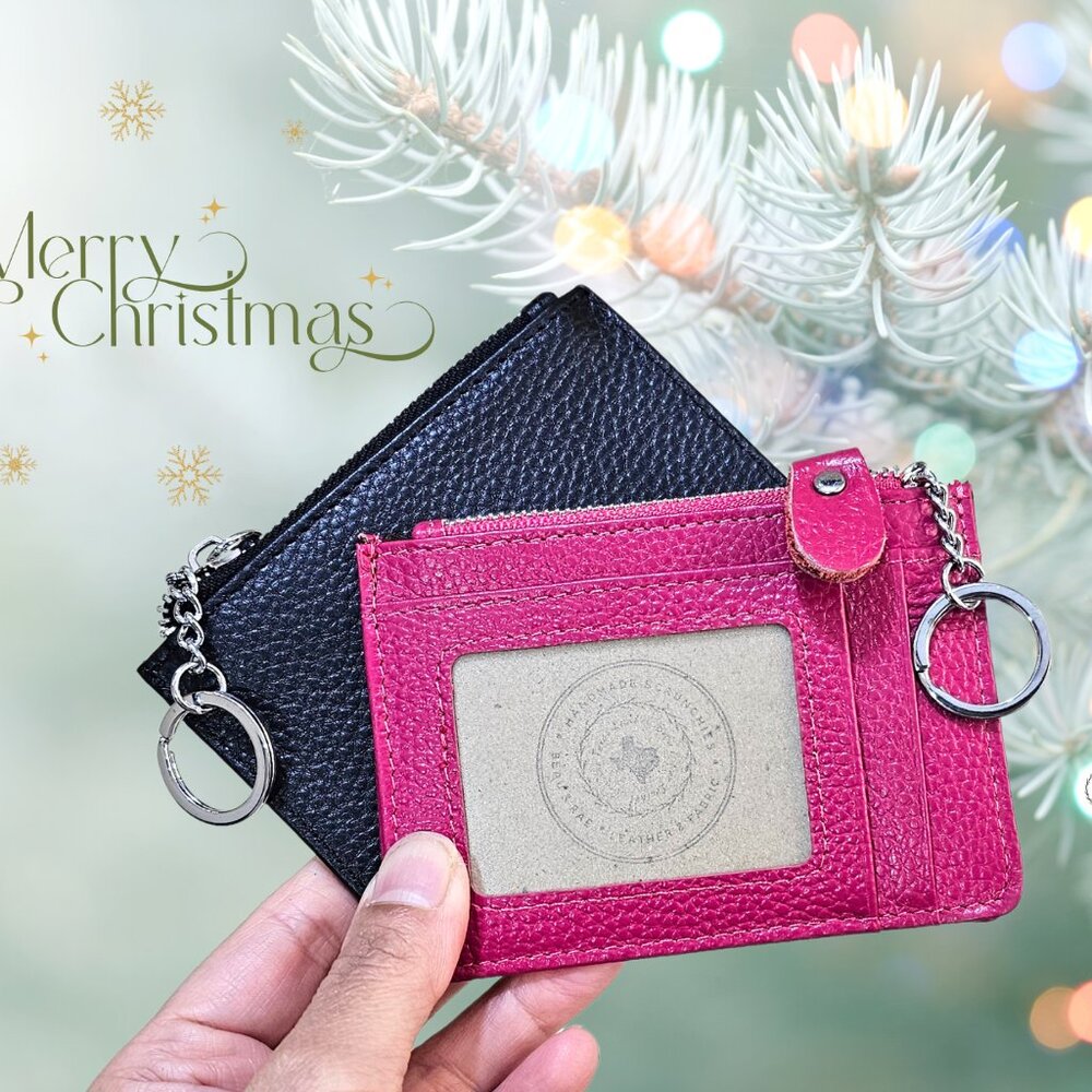 Personalized Zipper ID Wallet | Black Hot Pink Pebbled Leather Keychain Pouch